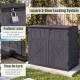 Horizontal resin storage shed with 20 cu.ft capacity, adjustable shelf, and secure padlock latch for outdoor organization.