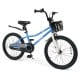 20-inch navy kids bike with adjustable seat, kickstand, storage basket, and hand brakes for children aged 8+.