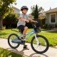 20-inch navy kids bike with adjustable seat, storage basket, and kickstand, perfect for children aged 8 and up.