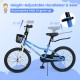 20-inch kids bike in navy with adjustable seat, hand brake, storage basket, and kickstand for ages 8 and up.