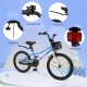 20-inch navy kids bike with adjustable seat, kickstand, storage basket, and safety features for ages 8 and up.