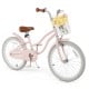 20-inch kids bike in pink with removable basket, adjustable seat, dual brakes, and kickstand for safe riding.