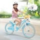 20-inch kids bike in blue with adjustable seat, dual brakes, and removable basket for dolls and snacks.