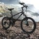 Kids mountain bike in black with 20-inch wheels, featuring adjustable saddle, suspension fork, and dual V-brakes for.