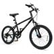 Kids mountain bike in black with 20-inch wheels, adjustable saddle, and dual V-brakes for safe riding on various.
