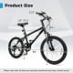 Product size chart for Kids Mountain Bike, showing dimensions and adjustable features for 20-inch model, ideal for ages.