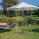 Brown patio umbrella base stand with adjustable footpads, designed for stability on uneven ground in outdoor settings.