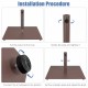 Installation steps for the 20-inch brown patio umbrella base stand with adjustable footpads for stability on uneven.