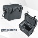 20 quart portable hard cooler in gray with dimensions shown, featuring built-in ruler and dual latches for easy.