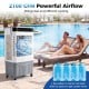 2100 CFM evaporative air cooler with 5.3-gallon tank, featuring reusable ice packs for enhanced cooling in outdoor settings.