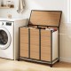 Three-section laundry hamper with lid and natural bamboo slats, designed for sorting clothes in small spaces.