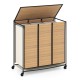 Three-section natural bamboo laundry hamper with lid and lockable wheels for easy mobility and sorting clothes.