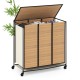 Three-section laundry hamper with bamboo slats and lid, featuring removable liners and lockable wheels for easy transport.