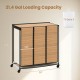 Three-section laundry hamper with lid, natural bamboo slats, 21.4-gallon capacity, ideal for sorting clothes in small spaces.