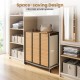 Three-section laundry hamper with lid, natural bamboo slats, and lockable wheels for easy mobility in small spaces.