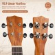 Close-up of the 21-inch soprano ukulele's mahogany headstock with 15:1 gear ratios for precise tuning and reduced noise.