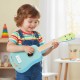 Child playing a light blue 21-inch ukulele guitar with a basswood body, designed for kids aged 3 and up.
