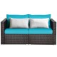 Two-piece patio rattan sectional sofa set in blue with thick cushions, ideal for outdoor relaxation and comfort.