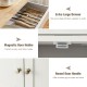 Extra large drawer and round door handle on a white kitchen cart with rubber wood top for organized kitchen storage.