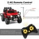 Red 12V 2-seater ride-on car with remote control, storage box, and LED lights for kids' outdoor fun.