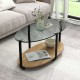 2-tier oval coffee table with a wooden shelf and glass top, shown from the side to highlight its elegant design and.