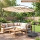 Cantilever patio umbrella base stand with wheels, fillable up to 220 lbs, made of durable HDPE for easy transport.