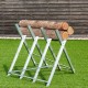 Heavy duty portable foldable steel sawhorse with logs, supports 220 lbs, ideal for efficient woodworking tasks.