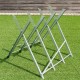 Heavy duty portable foldable steel sawhorse with triangular structure, supporting 220 lbs, ideal for efficient.