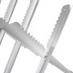 Close-up of the heavy-duty steel sawhorse with saw tooth design, supporting 220 lbs for stable woodworking tasks.