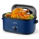 22QT electric roaster oven in navy with a whole turkey, featuring a self-basting lid for juicy results and clear glass.