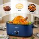 Navy 22QT electric roaster oven with self-basting lid, perfect for roasting a whole turkey and versatile cooking.