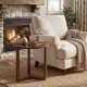 Round side table with a smooth 0.7" walnut tabletop and triangular structure, ideal for rustic farmhouse decor.