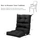 Tufted black outdoor patio chair cushion measuring 22 x 44 inches, featuring premium sponge and secure string ties.