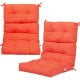 Single tufted outdoor patio chair cushion in vibrant orange, featuring soft sponge and durable string ties for secure.
