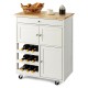 Side view of a kitchen cart with a rubber wood top, showcasing 3-tier wine racks and two cabinets for organized storage.