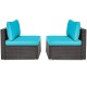 Two armless patio rattan chairs with blue cushions, perfect for outdoor spaces like patios and gardens.