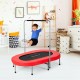 Kids fitness rebounder trampoline in red with adjustable handle, suitable for two users, set in a playful indoor.
