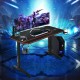 55-inch gaming desk with carbon fiber surface, T-shape construction, and full desk mouse pad for optimal gaming.