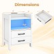 Dimensions of the 23.5-inch white nightstand with charging station and LED lighting, featuring open storage and two.