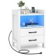 White nightstand with charging station, ambient LED lighting, and two drawers for organized storage.