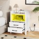 White nightstand with charging station, ambient LED lighting, and two drawers for organized storage in a modern living.