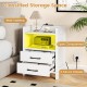 White nightstand featuring a wide tabletop, open storage shelf, and two pull-out drawers for organized storage.
