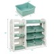 Kids toy storage organizer with 6 green bins and multi-layer shelf, ideal for bedroom or playroom organization.