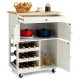 Kitchen cart with rubber wood top, featuring 3-tier wine racks, 2 cabinets, and smooth-rolling wheels for versatile.