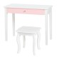 Kids princess makeup dressing table set in white with pink drawer, featuring a tri-folding mirror and matching chair.