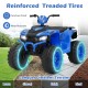 24V kids ride-on electric ATV in blue with reinforced treaded tires, ideal for lawn, gravel, and mud terrains.