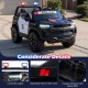 Black 24V 2-seater ride-on police car with LED lights, openable doors, and safety belt for kids aged 3 to 8.