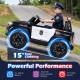 Two-seater black police car ride-on with LED lights, megaphone, and 4WD for kids aged 3-8, designed for smooth driving.