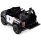 Black 24V 2-seater ride-on police car with megaphone, LED lights, and rear trunk for kids aged 3 to 8.