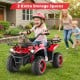 Electric ride-on quad in red with LED headlights, featuring storage spaces, ideal for outdoor play and adventures.